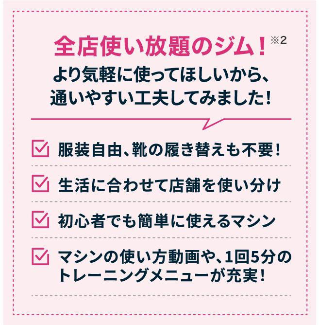 全国700店舗以上が使い放題！※2023年６月末時点 せっかくのジム使い放題！より気軽に使ってほしいから、通いやすい工夫してみました！服装自由、靴の履き替えも不要！生活に合わせて店舗を使い分け 初心者でも簡単に使えるマシン マシンの使い方動画や、1回5分のトレーニングメニューが充実！他のジムにない、うれしいサービスも追加０円、月額にすべてコミコミです！