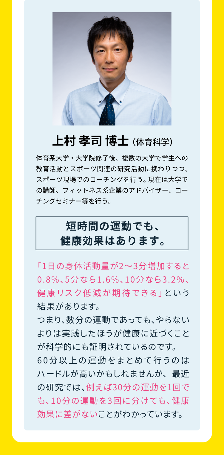 短時間の運動でも、健康効果はあります。
